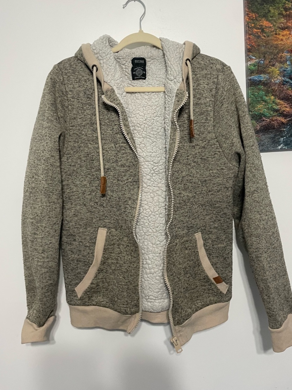 Buffalo David Bitton Taupe Zip-Up Hooded Sherpa Jacket size small